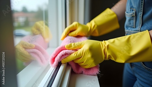 Wallpaper Mural cropped view of woman in rubber glove cleaning window handle with pink rag Torontodigital.ca