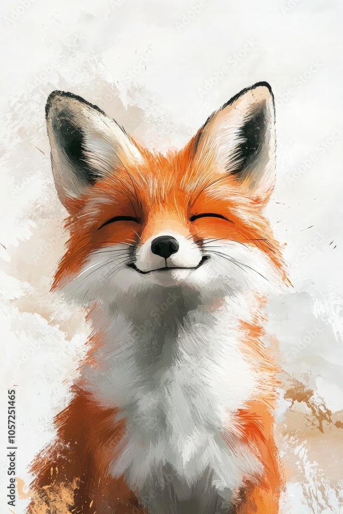 Fototapeta premium Adorable cartoon fox, watercolor style, smiling on a white background