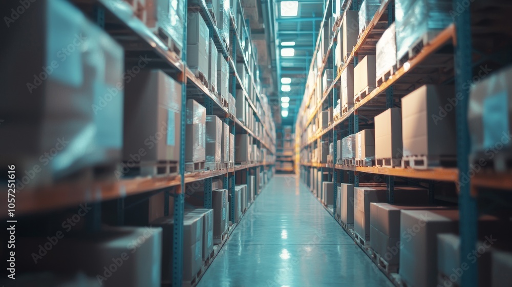 Warehouse aisle with stacked boxes on shelves Warehouse aisle with stacked boxes on shelves