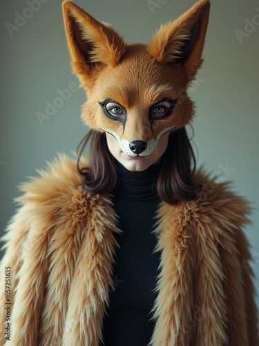 Woman wears fox mask and fur coat, blending fashion with animal persona