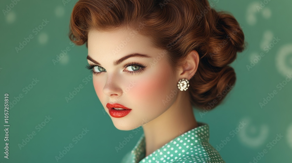 Woman with red hair and red lipstick is standing in front of a green background. She is wearing a green polka dot dress and has her hair in a bun Woman with red hair and red lipstick is standing in front of a green background. She is wearing a green polka dot dress and has her hair in a bun
