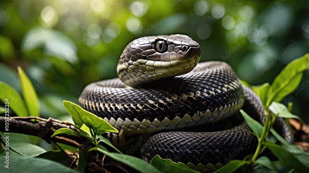 A close-up of a snake resting on branches surrounded by lush green foliage. A close-up of a snake resting on branches surrounded by lush green foliage.