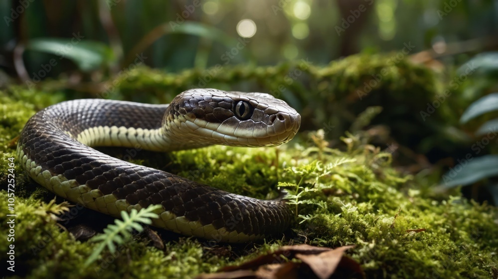 A close-up of a snake resting on moss in a lush forest environment. A close-up of a snake resting on moss in a lush forest environment.