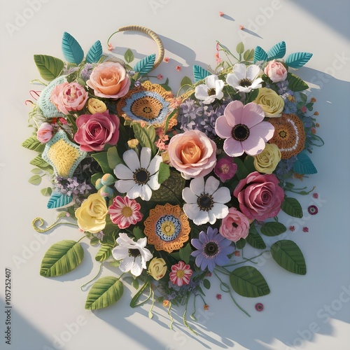 Embriodered floral bouquet in the shape of a heart. Crocheted summer wildflowers are gathered in an exquisite delicate bouquet. grass, beads, leaves, twigs.