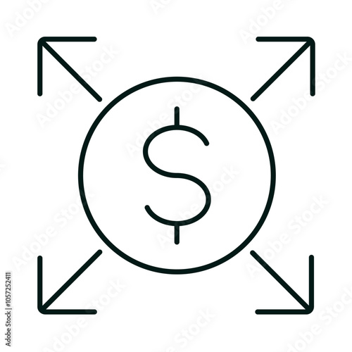 Dollar coin line icon with expanding arrows. Money expand, business, expansion, maximize, distribution concept. Logo for web and mobile app. White background. Editable vector stroke. Pixel Perfect.