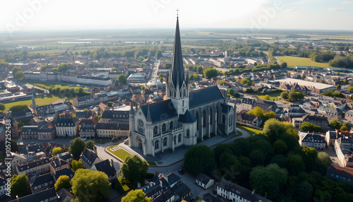 Evreux Cathedral, Normandy in France. Aerial drone view and cityscape isolated with white shades, png photo