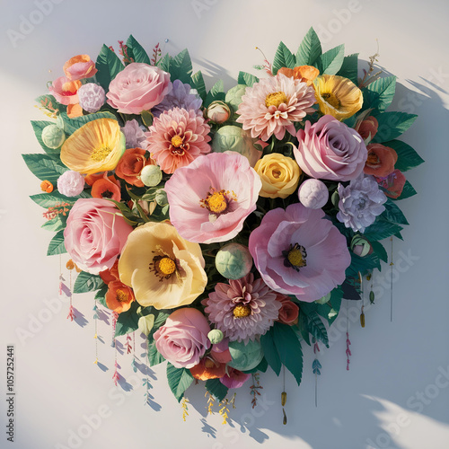 Floral bouquet in the shape of a heart. summer wildflowers are gathered in an exquisite delicate bouquet. grass, beads, leaves, twigs