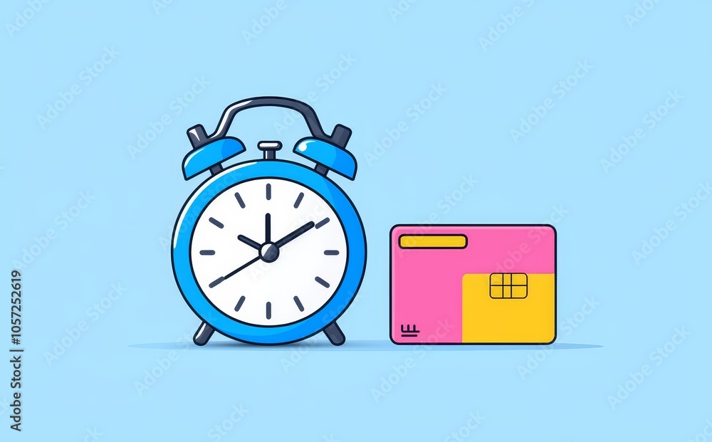 The clock and credit card symbolize the importance of timely payments for maintaining a good credit score. The clock and credit card symbolize the importance of timely payments for maintaining a good credit score.