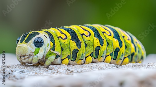 Close-up view of caterpillar with vibrant colors and spines