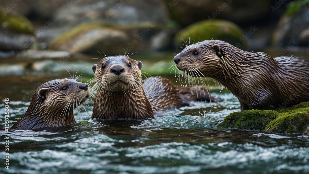 Three otters swimming in a river, showcasing their playful nature in a natural habitat. Three otters swimming in a river, showcasing their playful nature in a natural habitat.