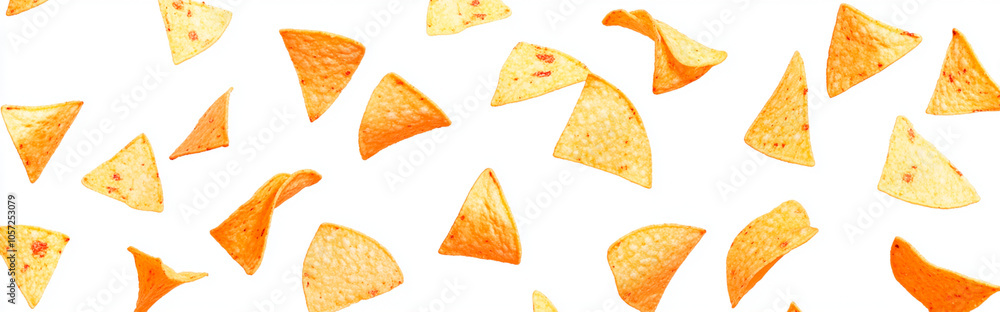 Falling Mexican tortilla triangular chips on a white background, top view. A pattern of flying snack fast food. Space for text or product presentation. Falling Mexican tortilla triangular chips on a white background, top view. A pattern of flying snack fast food. Space for text or product presentation.