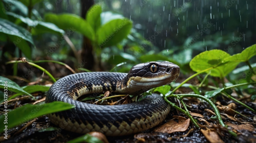 A close-up of a snake in a lush, rainy forest setting. A close-up of a snake in a lush, rainy forest setting.