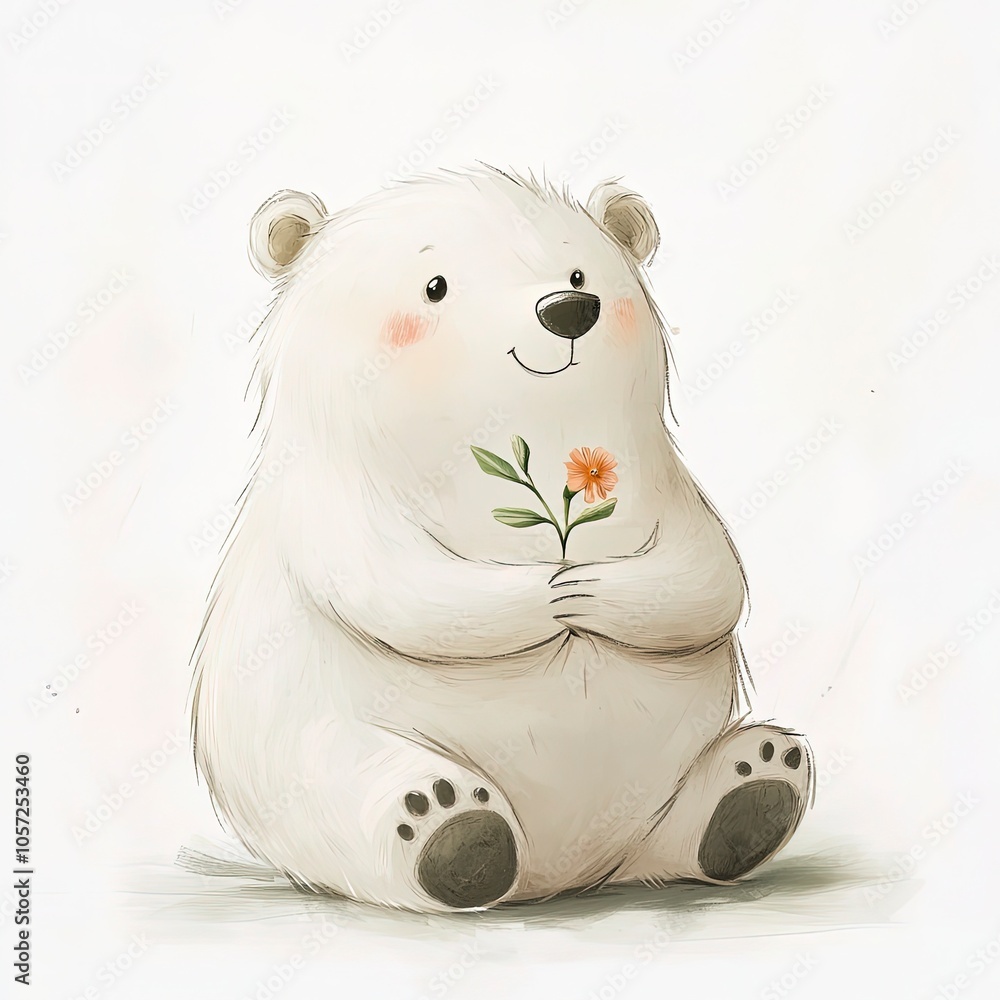 Fototapeta premium Sweet cartoon bear, watercolor style, holding a small flower, white background