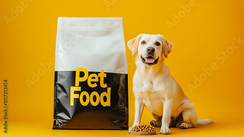 Pet food packaging mockup, front view of a dog sitting next to a large white and black bag with 