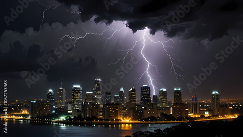 a dramatic image of a lightning strike hitting a tall building in the center of a modern city at night