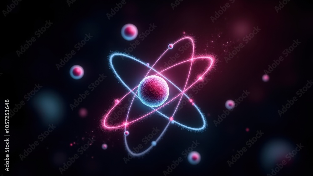 Abstract representation of an atom with vibrant, glowing electron paths around a central nucleus. Suitable for science, technology, and educational content. Abstract representation of an atom with vibrant, glowing electron paths around a central nucleus. Suitable for science, technology, and educational content.