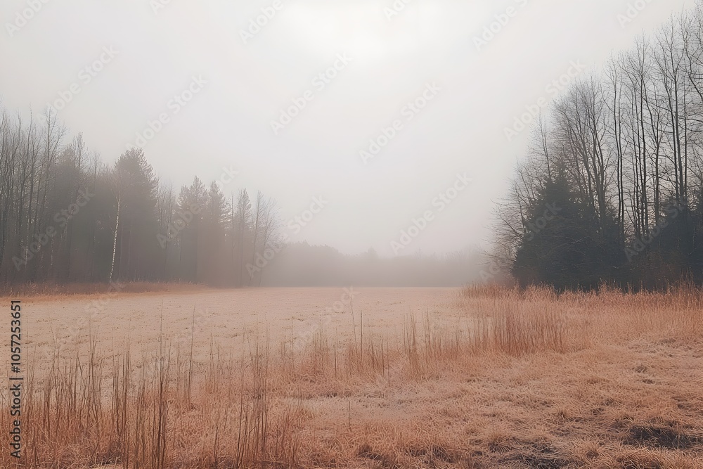 Extensive winter landscape in the morning mist, gentle wafts of mist, mystical atmosphere Extensive winter landscape in the morning mist, gentle wafts of mist, mystical atmosphere