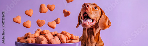 Photo of a happy Vizsla dog sitting in front of a bowl full of heart-shaped dog treats, some of which are flying away from its mouth.