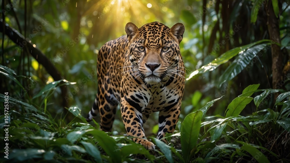 A jaguar prowls through a lush jungle, illuminated by soft sunlight filtering through foliage. A jaguar prowls through a lush jungle, illuminated by soft sunlight filtering through foliage.
