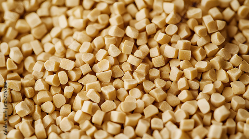 Beige Plastic pellets Background Close-up Plastic granules Polymer plastic beads resin polymer, industrial masterbatch photo