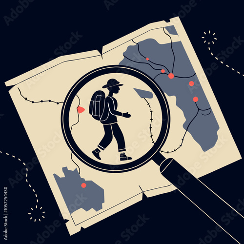 A magnifying glass over a map with a hiker, symbolizing exploration and adventure.