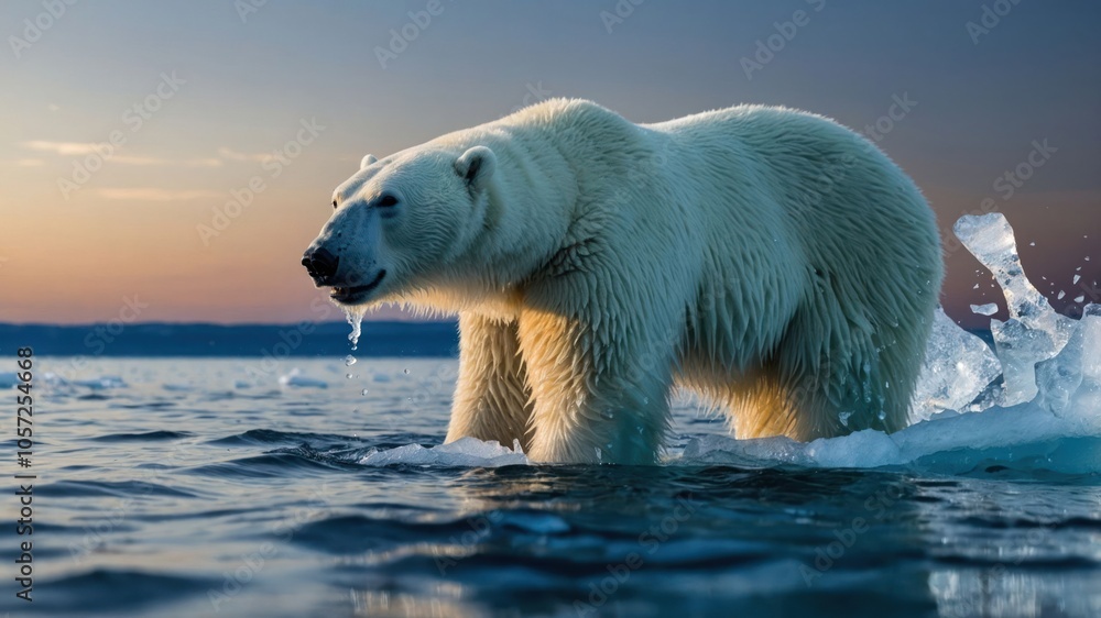 A polar bear wades through icy waters at sunset, showcasing its natural habitat. A polar bear wades through icy waters at sunset, showcasing its natural habitat.