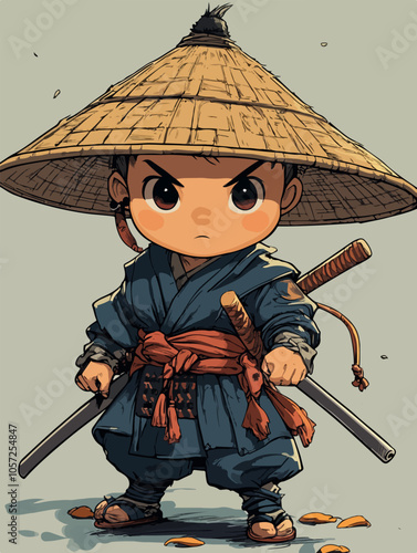 A charming cartoon of a young samurai warrior wearing a straw hat, with two swords at his side. His fierce expression conveys determination, set against a soft, muted background