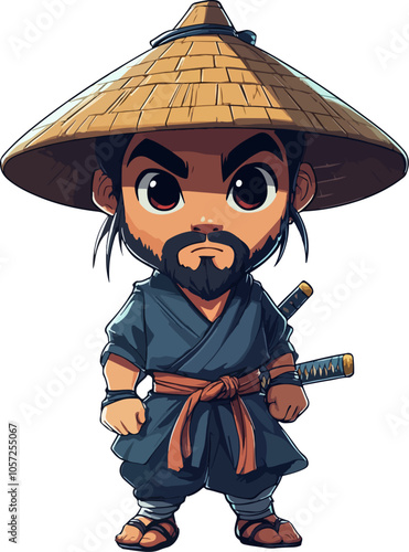 A cute cartoon character of a determined samurai with a traditional straw hat, dressed in dark clothing, and holding two swords. The character showcases strength and bravery with a charming design