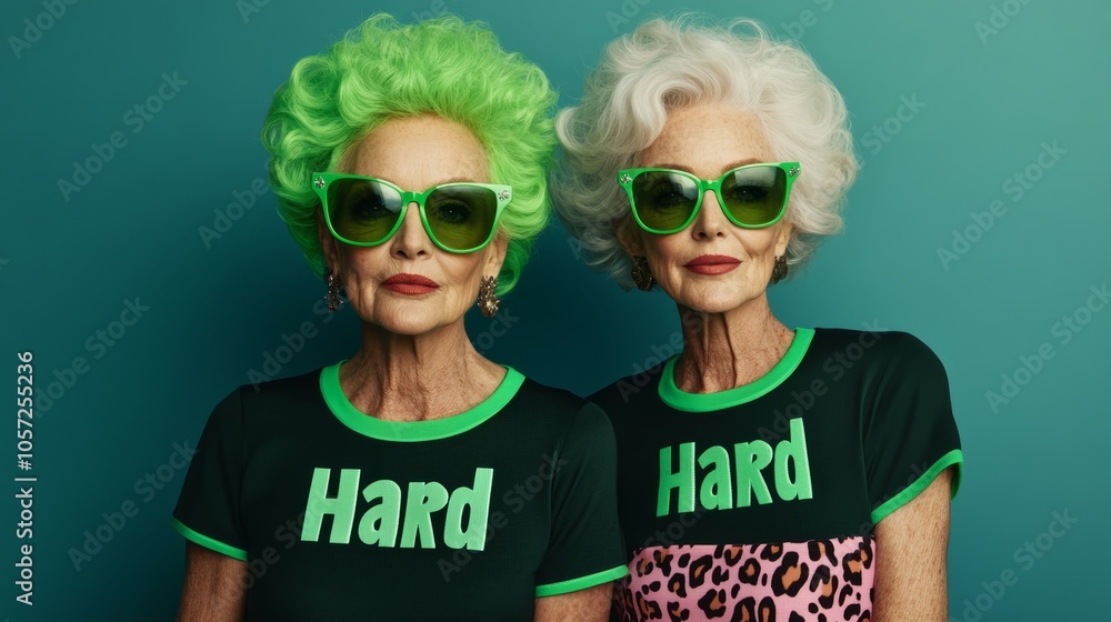 Obraz premium Two women with green hair and glasses are wearing shirts that say 