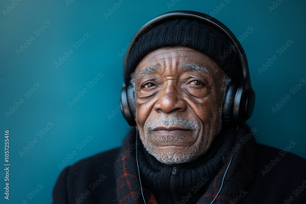 Man wearing headphones and a black hat. He is looking at the camera. Concept of solitude and introspection Man wearing headphones and a black hat. He is looking at the camera. Concept of solitude and introspection