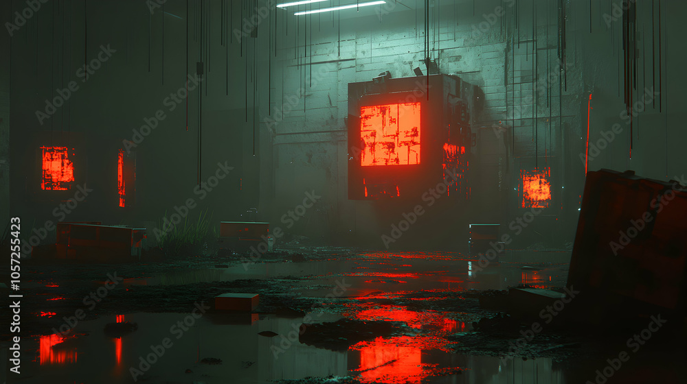 Obraz premium A dark, futuristic scene with red glowing panels and a flooded floor.