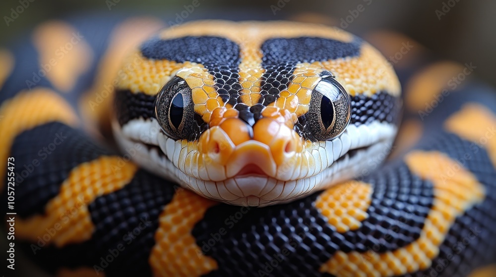Obraz premium Close-up portrait of a yellow and black snake with its tongue out, looking directly at the camera.
