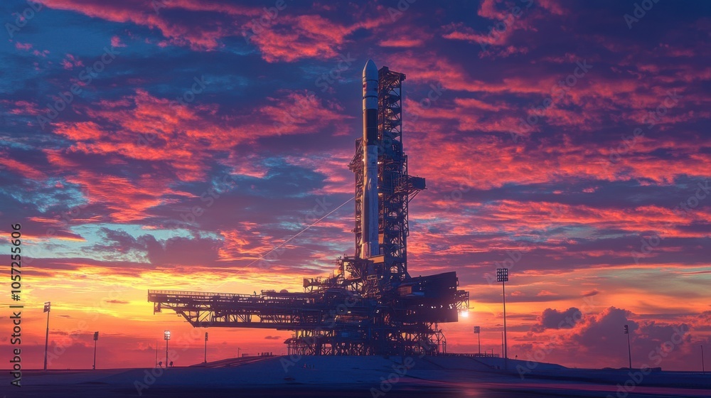 Obraz premium A panoramic scene of a space rocket at dusk, the sky ablaze with sunset colors, .
