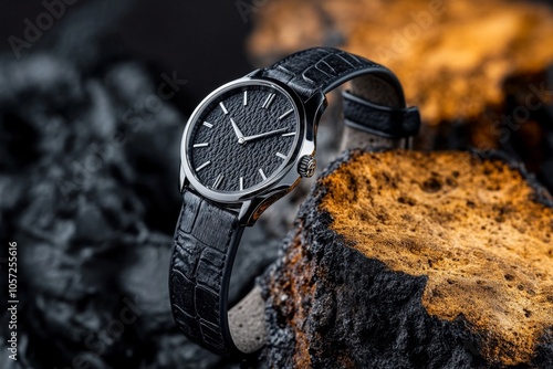 Luxury Black Leather Watch on Rustic Stone Surface - Elegant Timepiece Photography photo