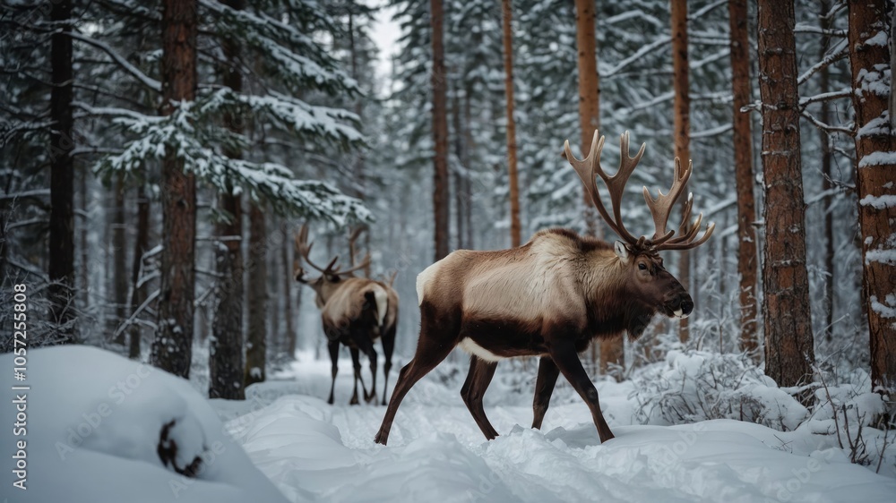 Two reindeer walking through a snowy forest with tall trees. Two reindeer walking through a snowy forest with tall trees.