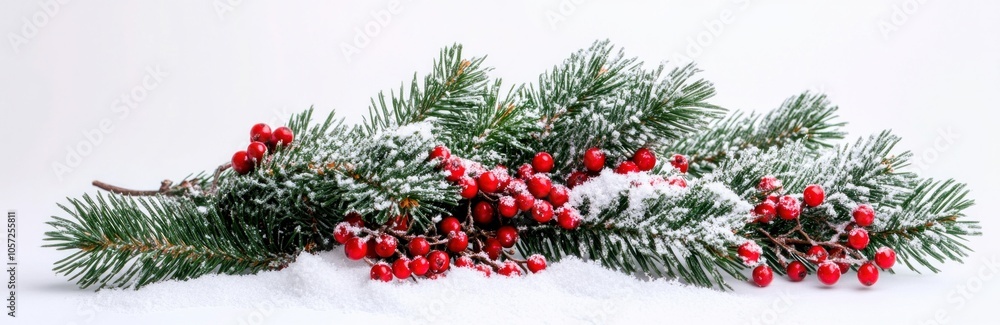 Green fir tree branch with red berries and snow on white. Holiday decoration. Banner. Green fir tree branch with red berries and snow on white. Holiday decoration. Banner.