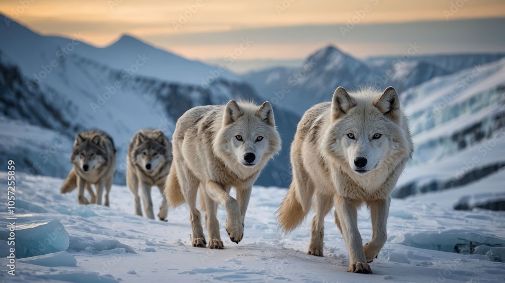 A pack of white wolves traversing a snowy landscape at sunset. A pack of white wolves traversing a snowy landscape at sunset.