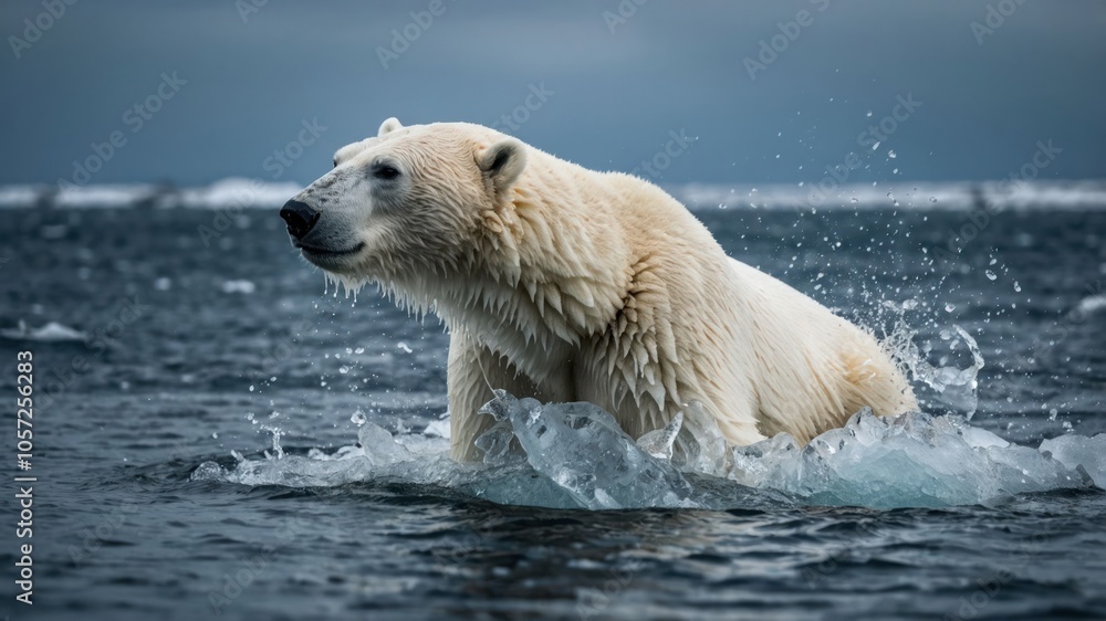 A polar bear splashes in icy waters, showcasing its natural habitat and behavior. A polar bear splashes in icy waters, showcasing its natural habitat and behavior.