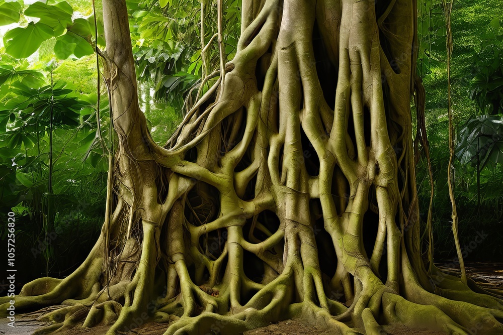 strangler fig roots enveloping a tree to form a latticed a strangler fig roots enveloping a tree to form a latticed a