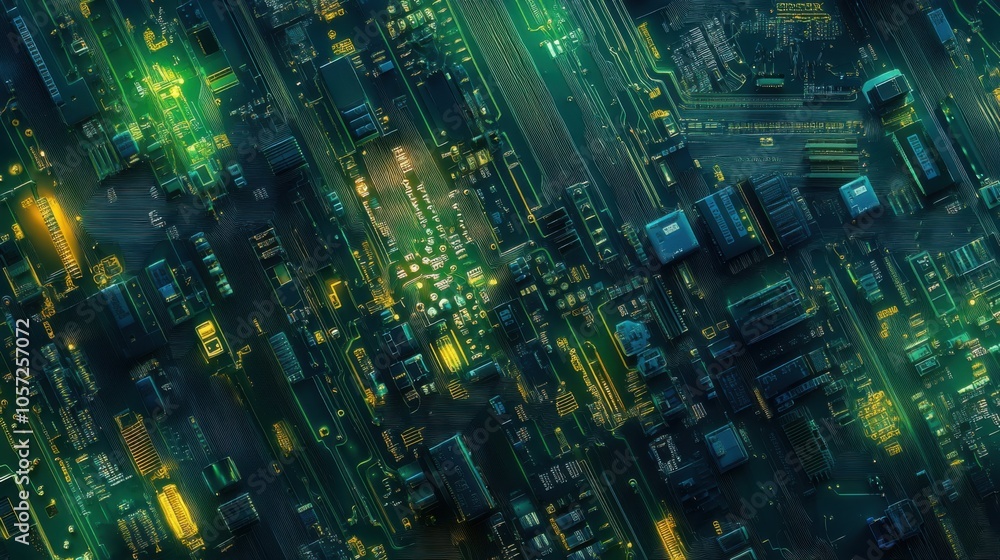 Complex electronic circuit board in blue and green tones, 3 Complex electronic circuit board in blue and green tones, 3