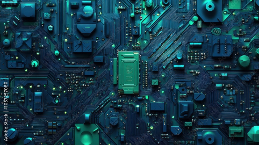 Fototapeta premium Complex electronic circuit board in blue and green tones, 3