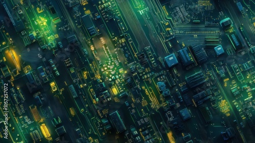 Complex electronic circuit board in blue and green tones, 3