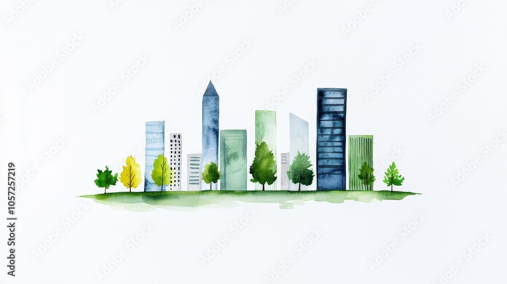 Trees symbolizing the tranquility and green spaces of an urban landscape, depicted in watercolor. Trees symbolizing the tranquility and green spaces of an urban landscape, depicted in watercolor.