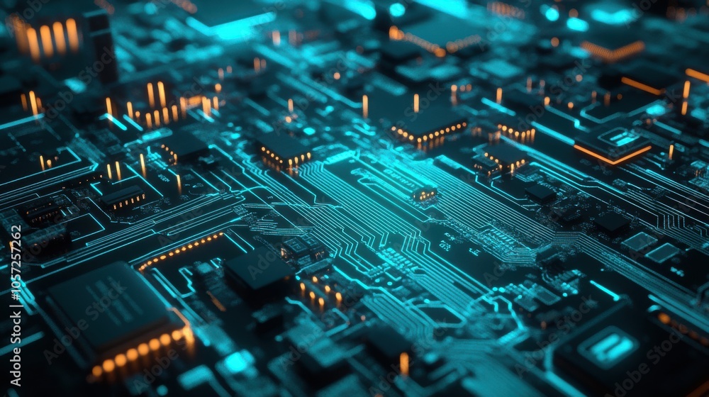 Detailed 3D illustration of a blue and green PCB, abstract electronic Detailed 3D illustration of a blue and green PCB, abstract electronic