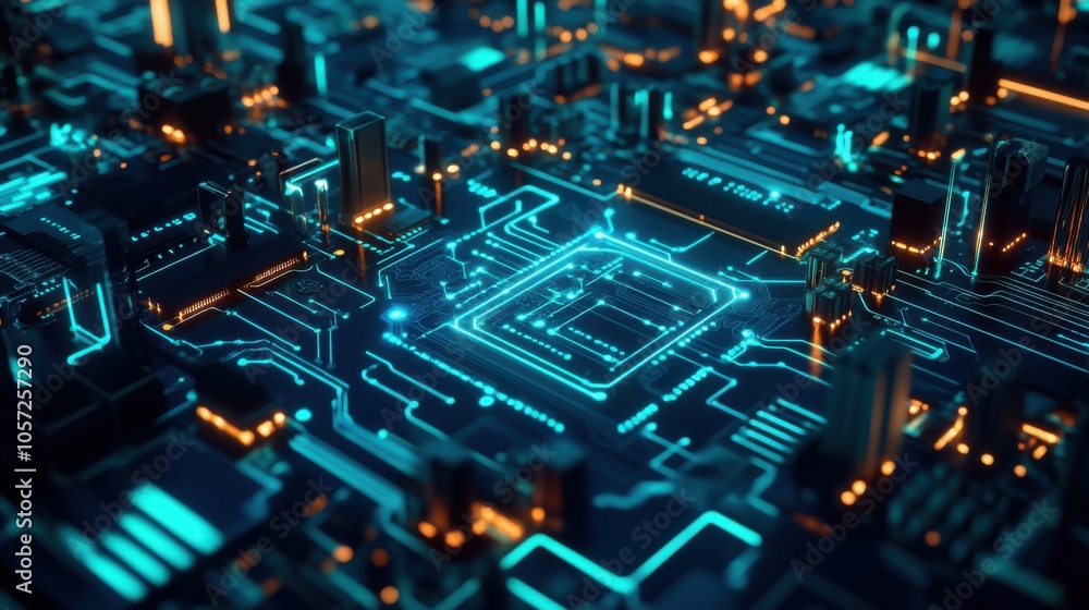Detailed 3D illustration of a blue and green PCB, abstract electronic Detailed 3D illustration of a blue and green PCB, abstract electronic