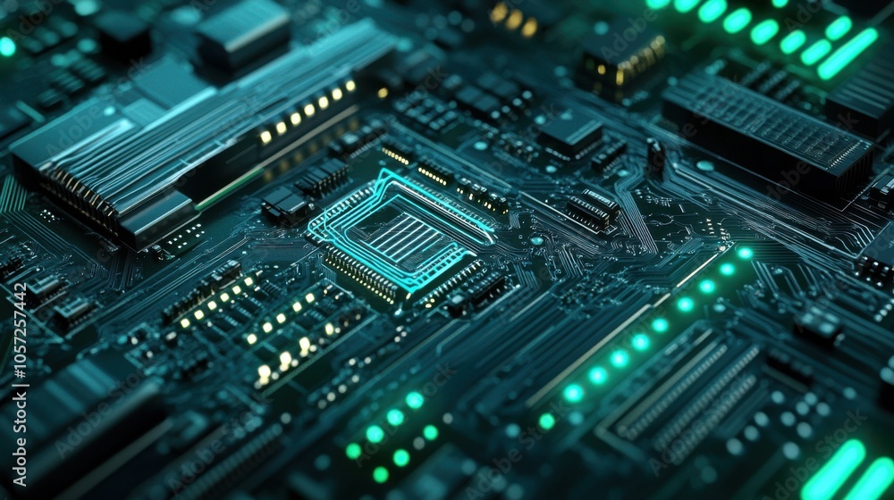 Futuristic 3D PCB design in shades of blue and green, Futuristic 3D PCB design in shades of blue and green,