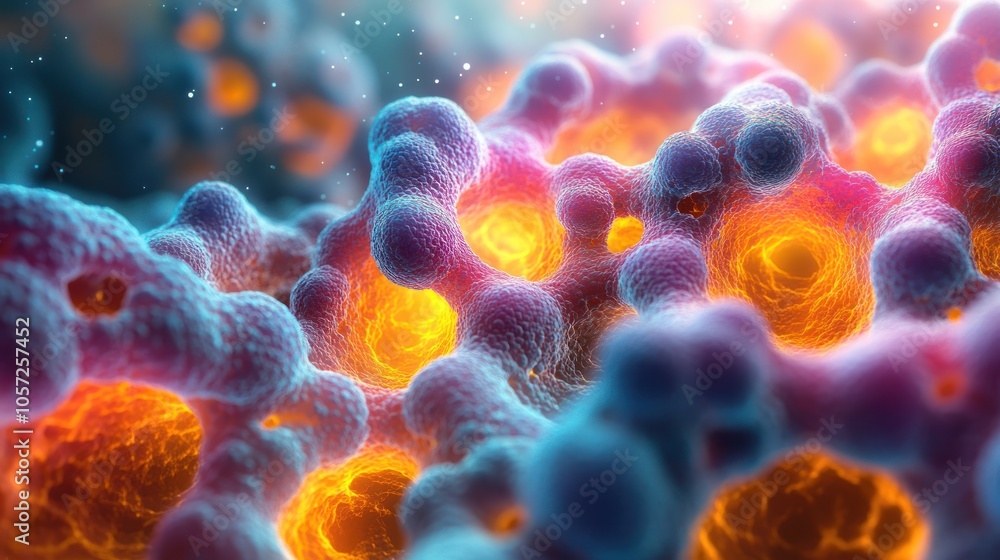Colorful microscopic view of cellular structures and processes. Colorful microscopic view of cellular structures and processes.