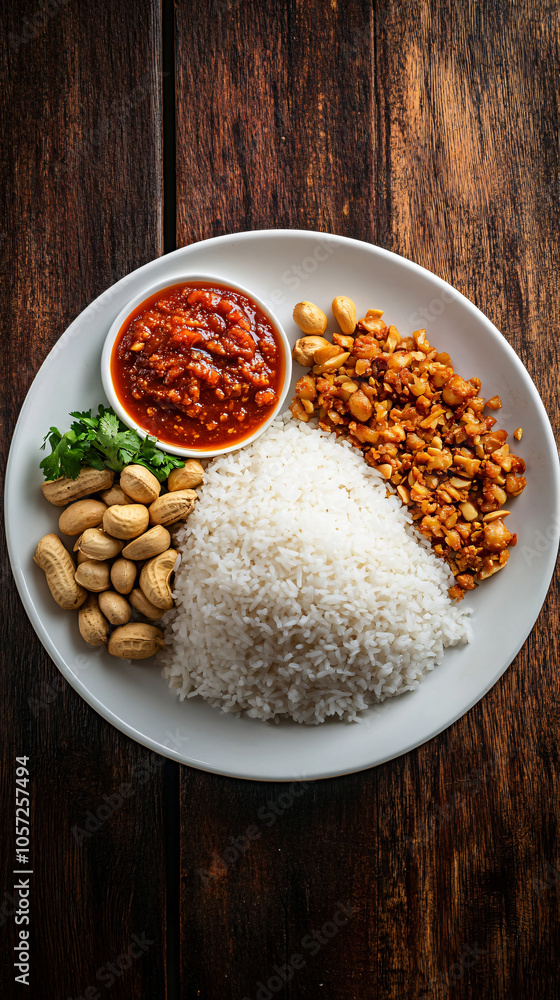Asian rice dish with peanuts, cashews, and spicy sauce served on a rustic wooden table, displayed on a white plate Asian rice dish with peanuts, cashews, and spicy sauce served on a rustic wooden table, displayed on a white plate