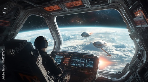 Fototapeta Naklejka Na Ścianę i Meble -  A futuristic spacecraft cockpit overlooking Earth with two ships in the distance.
