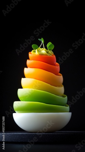 Vibrant Vegetable Tower: Creative Culinary Art Featuring Sliced Rainbow Peppers with Fresh Microgreens on Black Background photo